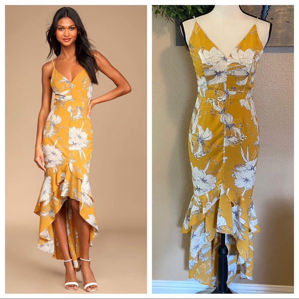 NWOT Lulus Darling Daylily Mustard Yellow Floral Print High-Low Maxi Dress
